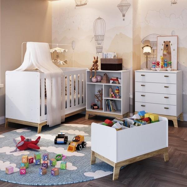 Imagem de Quarto de Bebê com Berço Cômoda Estante com Nichos e Caixa de Brinquedos Favo de Mel Completa Móveis