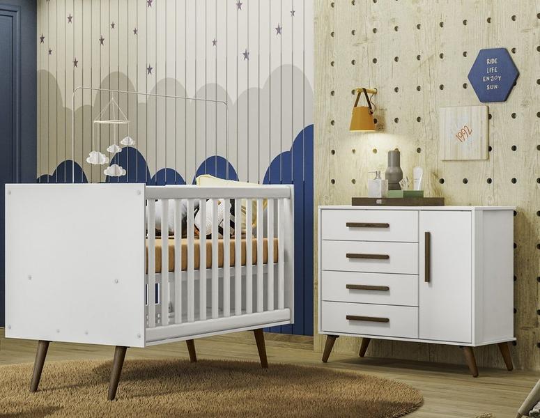 Imagem de Quarto de Bebe com Berço e Cômoda Q Encanto Retrô Branco Qmovi