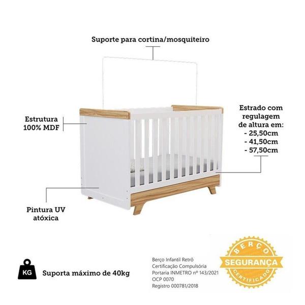 Imagem de Quarto de Bebê com Berço e Guarda-roupa com Janelas 100% Mdf Retrô Kakau Espresso Móveis Branco Brilho/Amêndoa