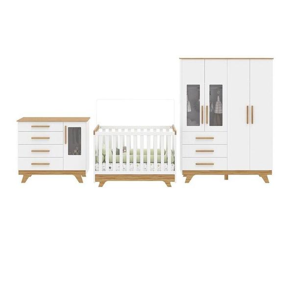 Imagem de Quarto de Bebê com Berço Guarda-roupa e Cômoda com Janelas 100% Mdf Retrô Kakau Espresso Móveis Branco Brilho/Amêndoa