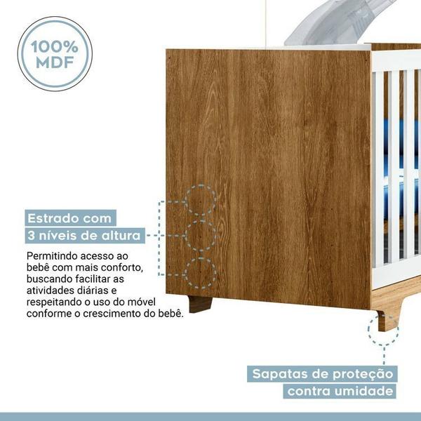 Imagem de Quarto de Bebê com Berço Mini Cama 100% Mdf com Colchão Life e Cômoda 4 Gavetas 1 Porta Fly 100% Mdf Branco/Madeirado Ypê