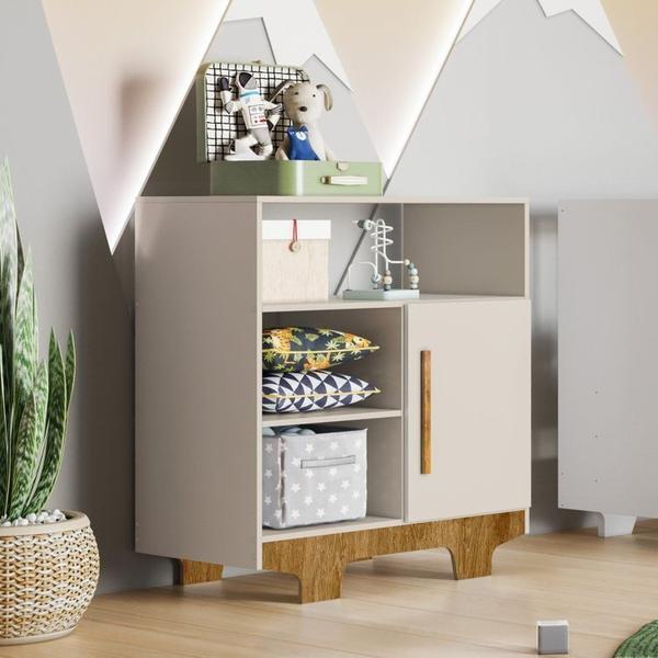 Imagem de Quarto de Bebê com Berço Mini Cama 100% Mdf Flocos e Cômoda 100% Mdf 1 Porta 3 Prateleiras Flocos Off White/Madeirado Ypê