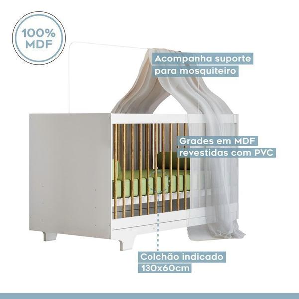 Imagem de Quarto de Bebê com Berço Mini Cama 100% Mdf Flocos e Cômoda de Bebê 100% Mdf 4 Gavetas Soft Life Branco