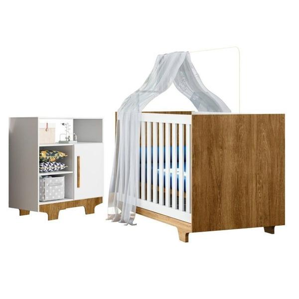 Imagem de Quarto de Bebê com Berço Mini Cama 100% Mdf Life e Cômoda 100% Mdf 1 Porta 3 Prateleiras Flocos Branco/Madeirado Ypê