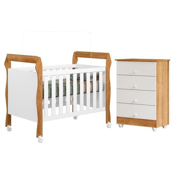 Imagem de Quarto de Bebê com Berço Mini Cama 3 em 1 Soninho e Cômoda de Bebê 100% Mdf 4 Gavetas Soft Life Branco/Madeirado Ypê