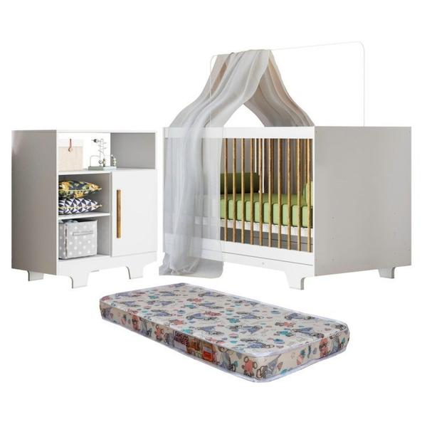 Imagem de Quarto de Bebê com Berço Mini Cama com Colchão Flocos e Cômoda 100% Mdf 1 Porta 3 Prateleiras Flocos Branco