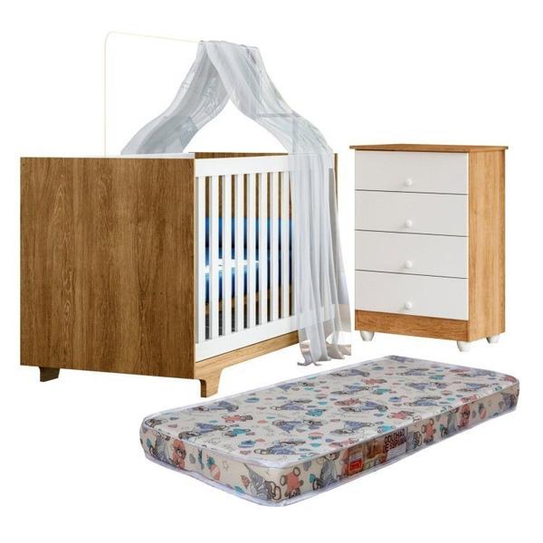 Imagem de Quarto de Bebê com Berço Mini Cama com Colchão Life e Cômoda de Bebê 100% Mdf 4 Gavetas Soft Life Branco/Madeirado Ypê