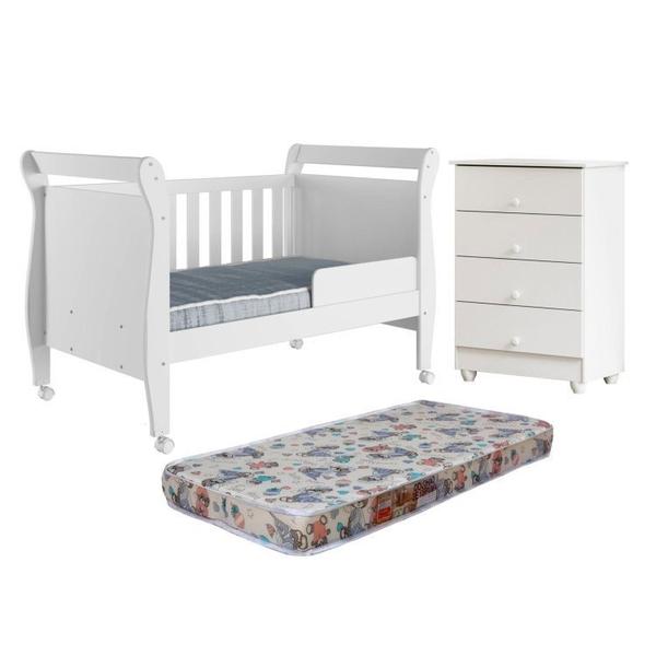 Imagem de Quarto de Bebê com Berço Mini Cama com Colchão Slim e Cômoda de Bebê 100% Mdf 4 Gavetas Soft Life Branco