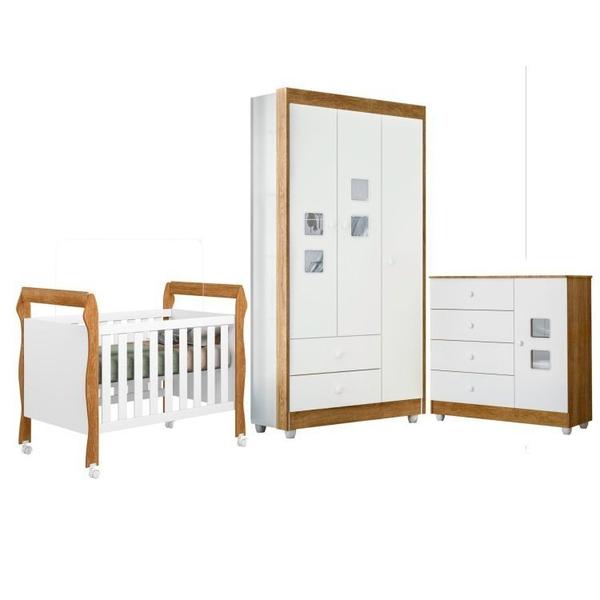 Imagem de Quarto de Bebê com Berço Mini Cama, Cômoda 1 Porta 4 Gavetas e Roupeiro 100% Mdf 3 Portas 2 Gavetas Branco/Madeirado Ypê