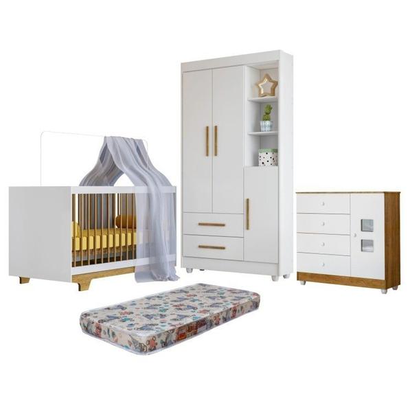 Imagem de Quarto de Bebê com Berço Mini Cama, Cômoda 1 Porta 4 Gavetas e Roupeiro Flocos 3 Portas 2 Gavetas Branco/Madeirado Ypê