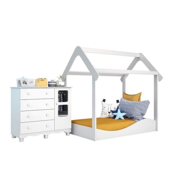 Imagem de Quarto de Bebê com Cama Casinha e Cômoda 4 Gavetas 1 Porta Móveis Peroba