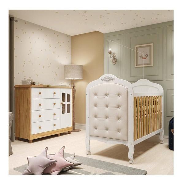 Imagem de Quarto de Bebê com Cômoda 1 Porta com Janela e Berço Capitonê 100% Mdf Maya Clássico Espresso Móveis Branco Brilho/Amêndoa/Branco