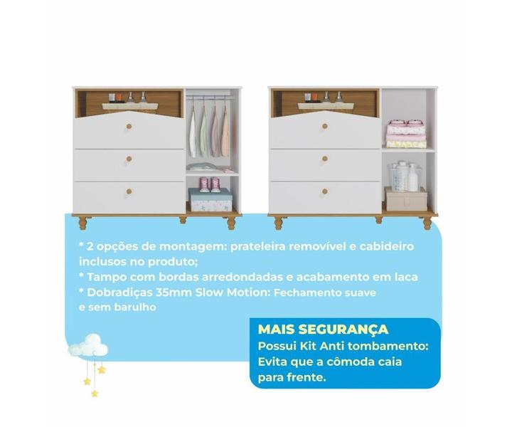 Imagem de Quarto de Bebê com Cômoda 1 Porta e Guarda Roupa 4 Portas Casinha Permobili Branco/Nature