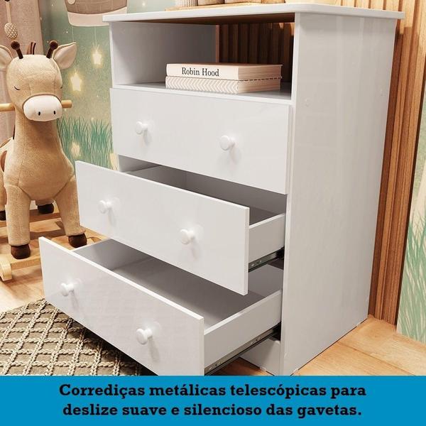 Imagem de Quarto de Bebê com Cômoda 3 Gavetas e Berço Pega Pega 100% MDF Espresso Móveis Branco Brilho