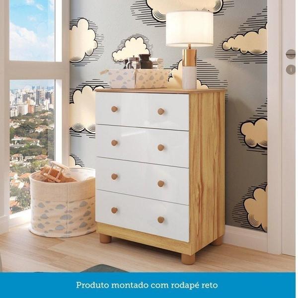 Imagem de Quarto de Bebê com Cômoda 4 Gavetas e Berço Mimo 100% Mdf Branco Brilho/Amêndoa