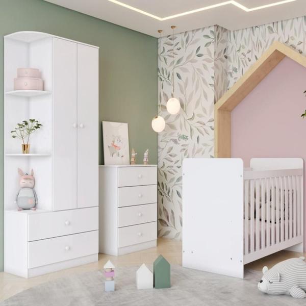 Imagem de Quarto de Bebê com Guarda-Roupa 2 Portas Cômoda e Berço Labirinto Branco