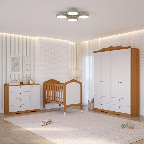 Imagem de Quarto de Bebê com Guarda Roupa 4 Portas Cômoda Berço 2 em 1 100MDF Laura Permobili