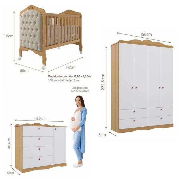 Imagem de Quarto de Bebê com Guarda Roupa 4 Portas Cômoda e Berço Capitonê 2 em 1 100MDF Laura Permobili