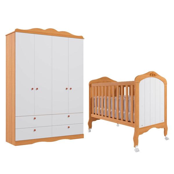 Imagem de Quarto de Bebê com Guarda Roupa 4 Portas Encanto e Berço Harmonia Permóbili Baby Nature/Branco