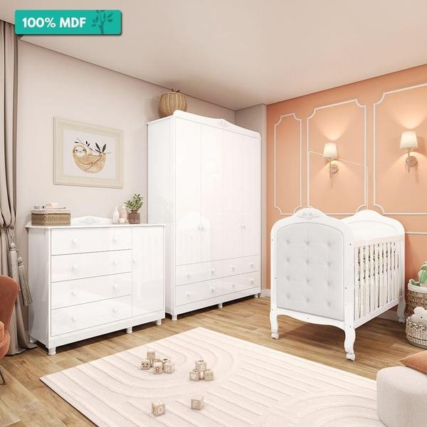 Imagem de Quarto de Bebê com Guarda Roupa Cômoda e Berço com Capitonê 100% MDF Elô New Móveis Peroba Branco Brilho/material sintético Branco