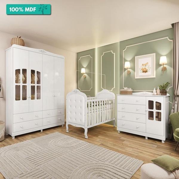 Imagem de Quarto de Bebê com Guarda Roupa Cômoda e Berço com Capitonê 100% MDF Elô New Móveis Peroba Branco Brilho/material sintético Branco