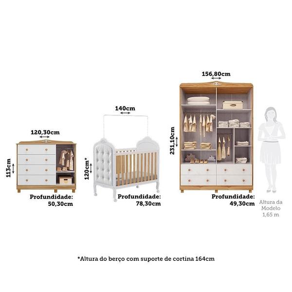 Imagem de Quarto de Bebê com Guarda-roupa Cômoda e Berço com Capitonê 100% Mdf Maya Clássico Espresso Móveis Branco Brilho/Amêndoa/Branco