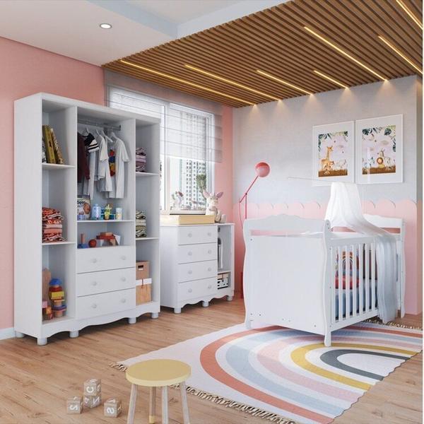 Imagem de Quarto de Bebê com Guarda Roupa e Cômoda com Janelas e Berço Americano Nina 100% Mdf Espresso Móveis Branco Brilho