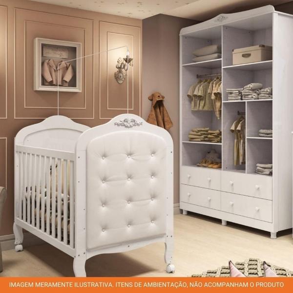 Imagem de Quarto de Bebê com Guarda Roupa Janelado Noah e Berço com Capitonê Elô 100% MDF Móveis Peroba Branco Brilho/material sintético Branco