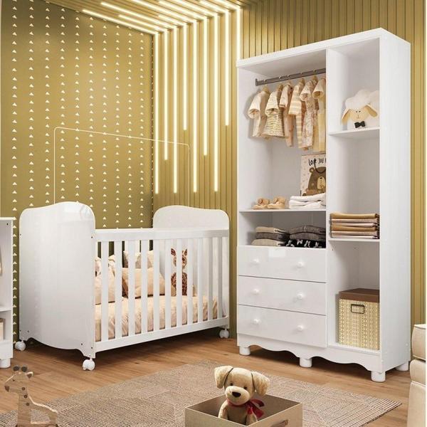 Imagem de Quarto de Bebê com Guarda Roupas 3 Portas 3 Gavetas e Berço Espresso Móveis Branco Brilho