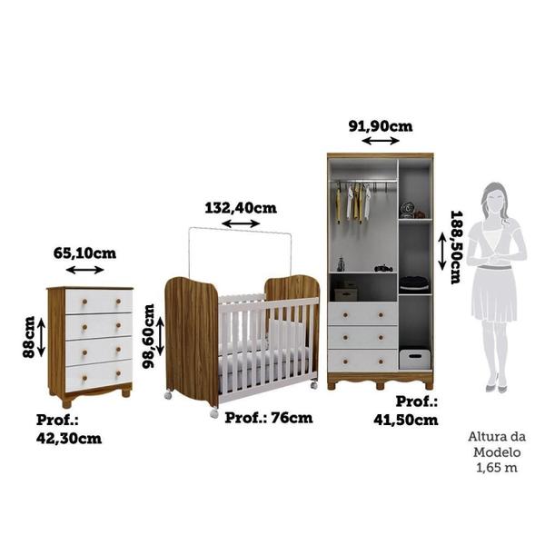 Imagem de Quarto de Bebê com Guarda Roupas 3 Portas Cômoda e Berço com Rodizio Mimo 100% MDF Espresso Móveis Branco Brilho/Amêndoa