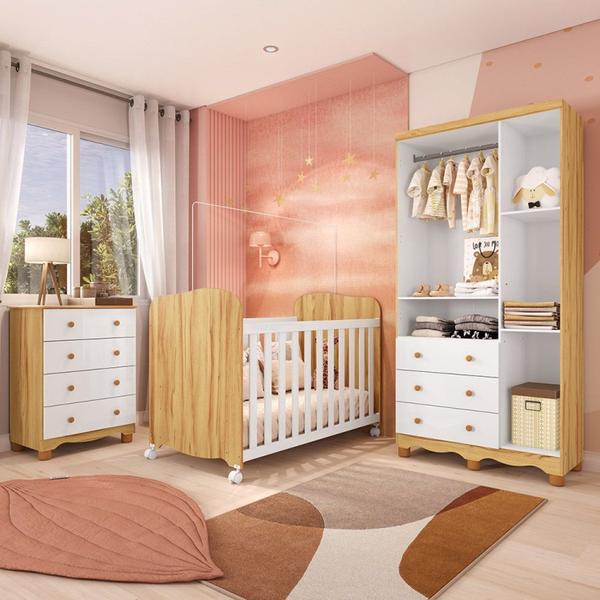 Imagem de Quarto de Bebê com Guarda Roupas 3 Portas Cômoda e Berço com Rodizio Mimo 100% Mdf Espresso Móveis