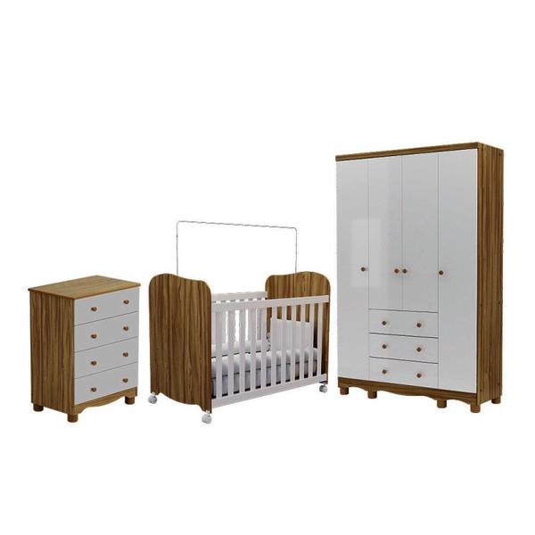 Imagem de Quarto de Bebê com Guarda Roupas 4 Portas Cômoda e Berço com Rodizio Mimo 100% MDF Espresso Móveis Branco Brilho/Amêndoa