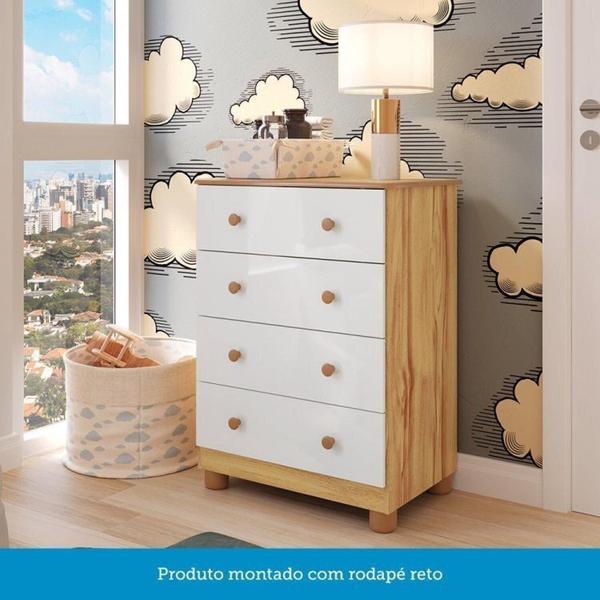 Imagem de Quarto de Bebê com Guarda Roupas 4 Portas Cômoda e Berço com Rodizio Mimo 100% Mdf Espresso Móveis Branco Brilho/Amêndoa