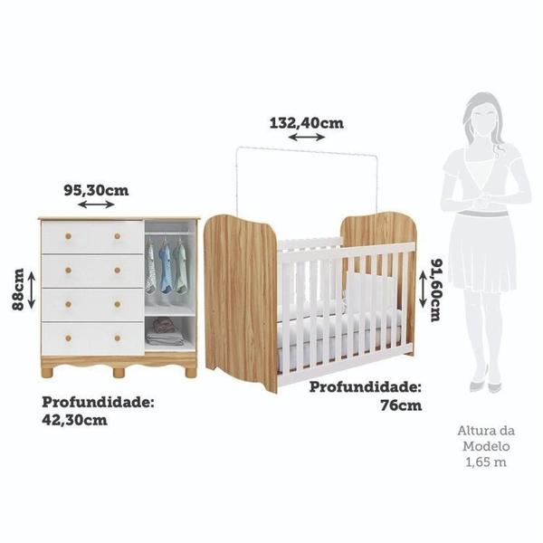 Imagem de Quarto de Bebê Cômoda 1 Porta com Janela e 4 Gavetas e Berço 100% Mdf Lana Branco Brilho/Amêndoa