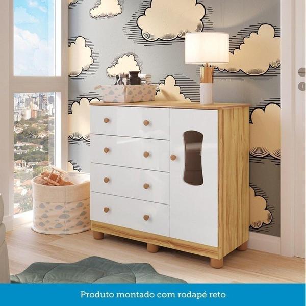 Imagem de Quarto de Bebê Cômoda 1 Porta com Janela e 4 Gavetas e Berço 100% Mdf Lana Branco Brilho/Amêndoa