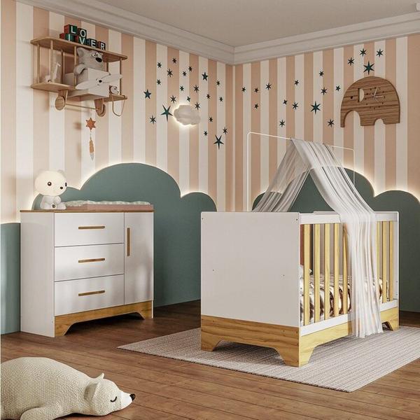 Imagem de Quarto de Bebê Cômoda 1 Porta e Berço Minicama 100% Mdf Liam Espresso Móveis Branco Brilho/Amêndoa