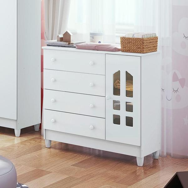 Imagem de Quarto de Bebê Cômoda 4 Gavetas com Porta Selena Berço Mini Cama Mirelle Branco Carolina Baby