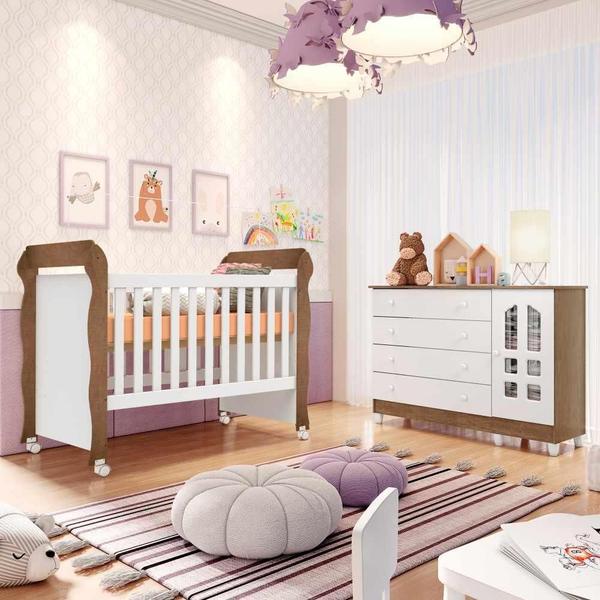 Imagem de Quarto de Bebê Cômoda Infantil com Fraldário Gran Selena Berço Mini Cama Mirelle Branco Amadeirado Carolina Baby