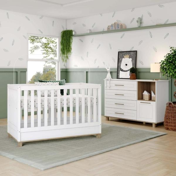 Imagem de Quarto de Bebê Compacto Retrô Berço 100% MDF e Cômoda 4 Gavetas e 1 Porta Zoe Yescasa Branco HP/Jequitibá HP