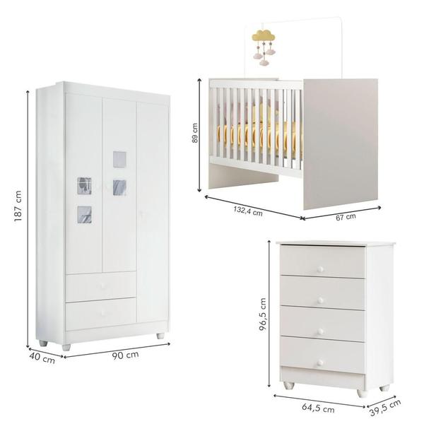 Imagem de Quarto de Bebê Completo 100% MDF com Guarda Roupa 3 Portas, Cômoda e Berço Life Tigus Baby Branco