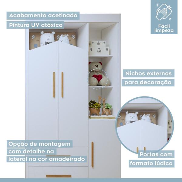 Imagem de Quarto de Bebê Completo 100% Mdf com Guarda-roupa, Cômoda e Mini Berço Estelar Branco/Amadeirado