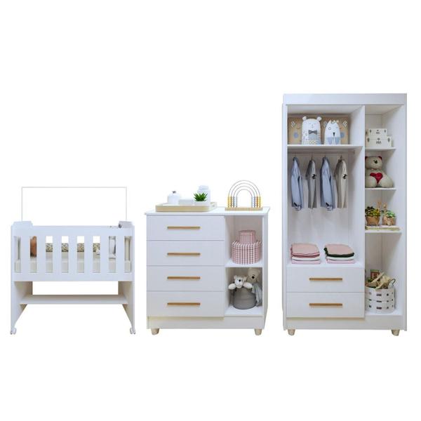 Imagem de Quarto de Bebê Completo 100% MDF com Guarda-Roupa, Cômoda e Mini Berço Estelar Branco