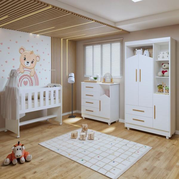 Imagem de Quarto de Bebê Completo 100% Mdf com Guarda-roupa, Cômoda e Mini Berço Estelar Branco