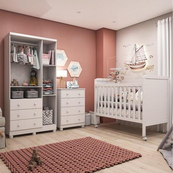 Imagem de Quarto de Bebê completo Berço 2 em 1 Guarda Roupa 3 Portas Cômoda 4 Gavetas Júnior Móveis Peroba Branco Brilho