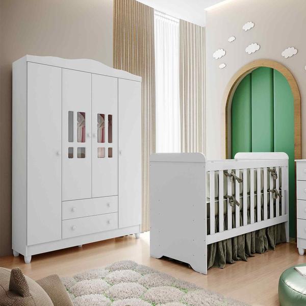 Imagem de Quarto de Bebê Completo Berço 3 em 1 Gabrielle Guarda Roupa 4 Portas Infantil Branco Carolina Baby