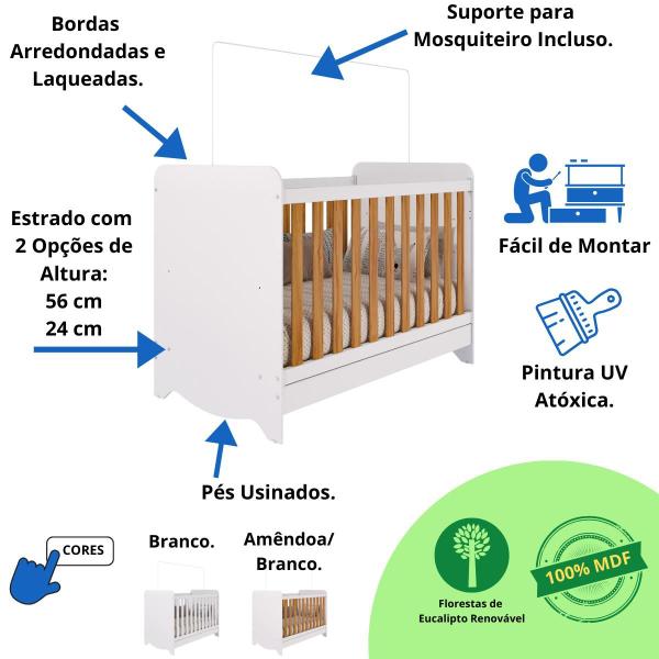 Imagem de Quarto de Bebê Completo Berço Americano Ben 3 Em 1 Cômoda Júnior Simples 4 Gavetas Guarda Roupa Júnior 2 Portas 3 Gavetas Branco Carvalho 100% MDF Móv