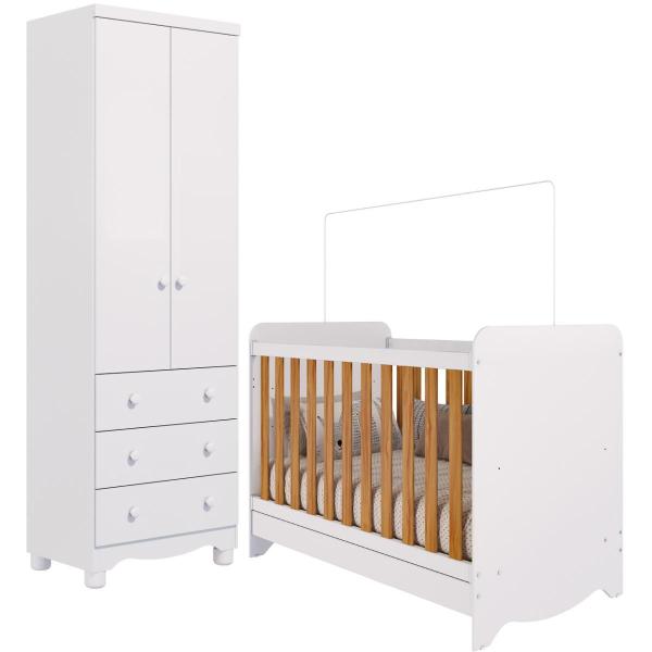 Imagem de Quarto de Bebê Completo Berço Americano Ben 3 Em 1 Guarda Roupa Júnior 2 Portas 3 Gavetas Branco Carvalho 100% MDF Móveis Peroba