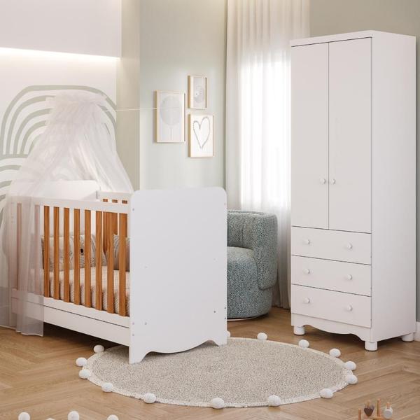 Quarto de Bebê Completo Berço Americano Ben 3 Em 1 Guarda Roupa Júnior 2 Portas 3 Gavetas Branco Carvalho 100% MDF Móveis Peroba Imagem de Quarto de Bebê Completo Berço Americano Ben 3 Em 1 Guarda Roupa Júnior 2 Portas 3 Gavetas Branco Carvalho 100% MDF Móveis Peroba