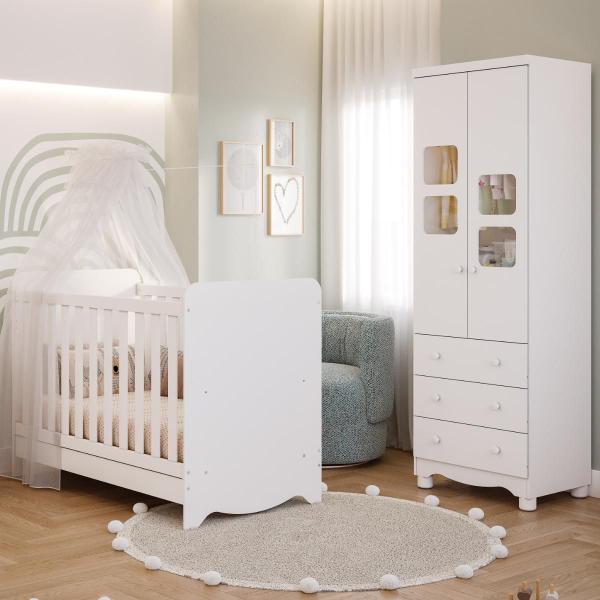 Imagem de Quarto de Bebê Completo Berço Americano Ben 3 Em 1 Guarda Roupa Uli 2 Portas 3 Gavetas Branco Carvalho 100% MDF Móveis Peroba