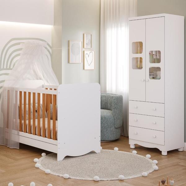 Imagem de Quarto de Bebê Completo Berço Americano Ben 3 Em 1 Guarda Roupa Uli 2 Portas 3 Gavetas Branco Carvalho 100% MDF Móveis Peroba